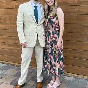 Banana Republic XS Pleated Tie Waist Midi Dress Green White Pink